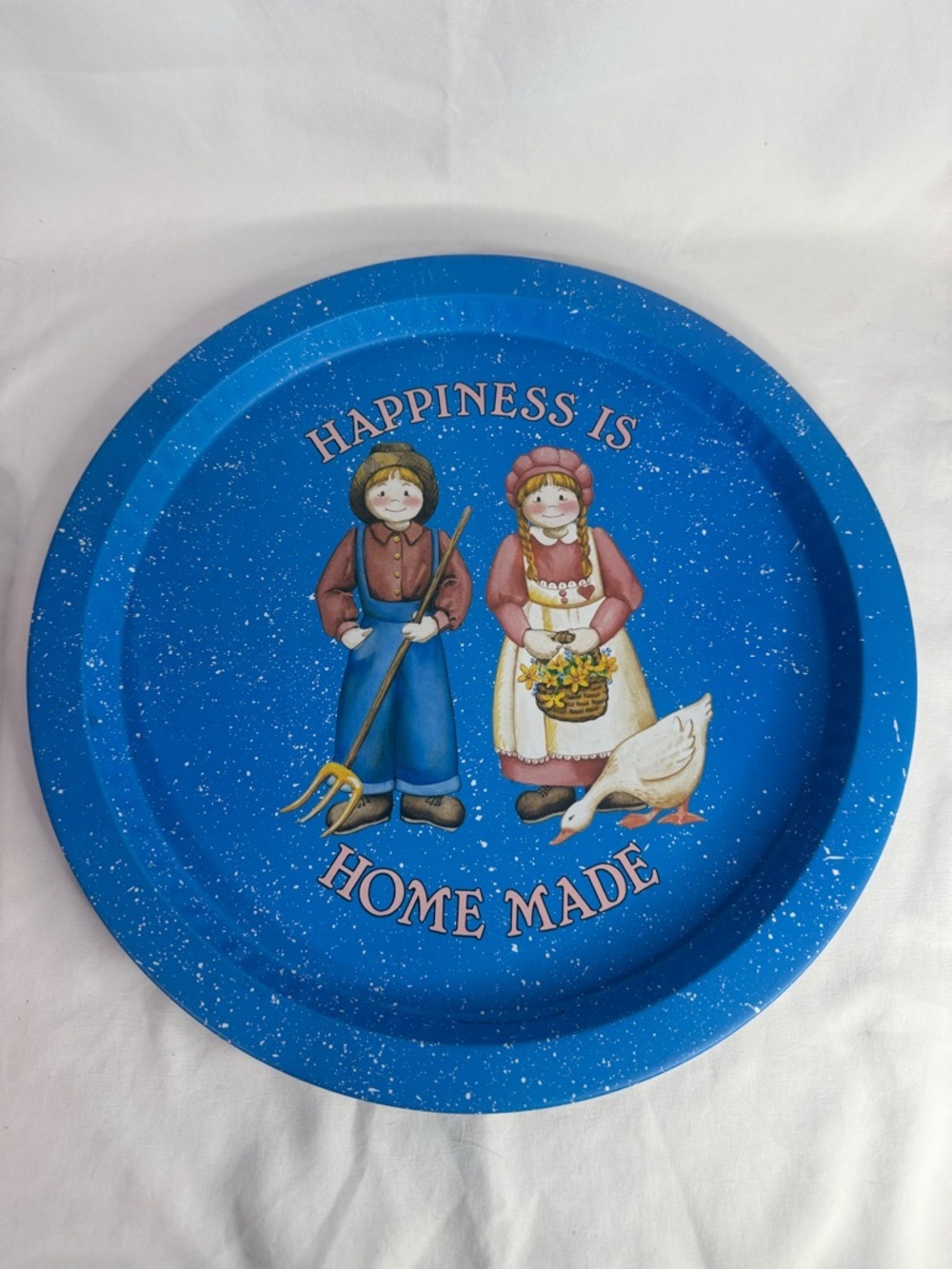 Vintage Blue Metal Tray “Happiness Is Homemade” Folk Art Farmhouse 13” - Picture 5 of 6